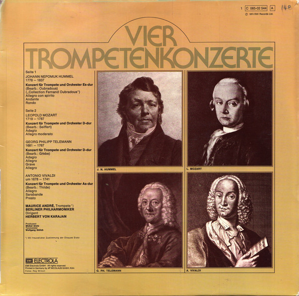 Vivaldi*, Telemann*, Leopold Mozart, Hummel* – Herbert von Karajan · Maurice André, Berliner Philharmoniker - Vier Trompeten-Konzerte (LP, Gol)