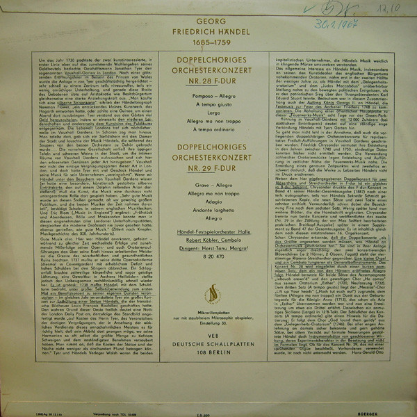 Georg Friedrich Händel - Doppelchörige Orchesterkonzerte Nr. 28 Und Nr. 29 F-dur (LP, Mono)