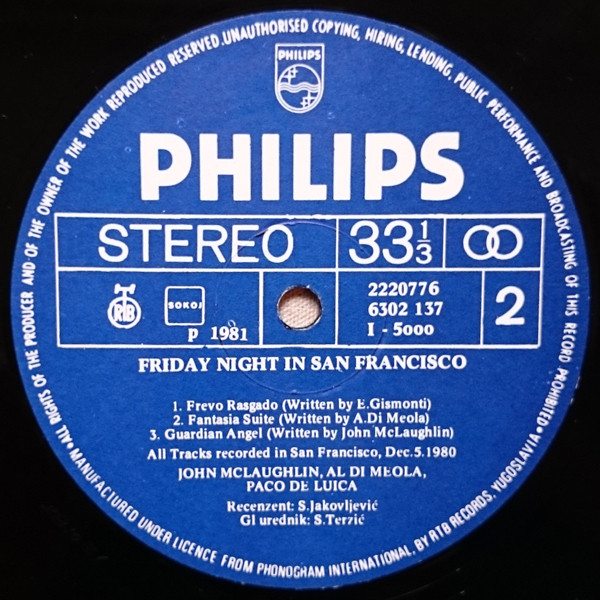 Al Di Meola / John McLaughlin / Paco De Lucía - Friday Night In San Francisco (LP, Album)
