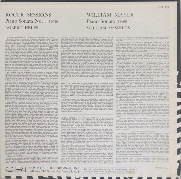 Roger Sessions / William Mayer - Sessions : Piano Sonata No. 1 / Mayer : Piano Sonata (LP)