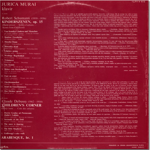 Jurica Murai - R.Schumann*, C.Debussy* - Kinderszenen / Children's Corner / Arabesque Br.1 (LP, Album)