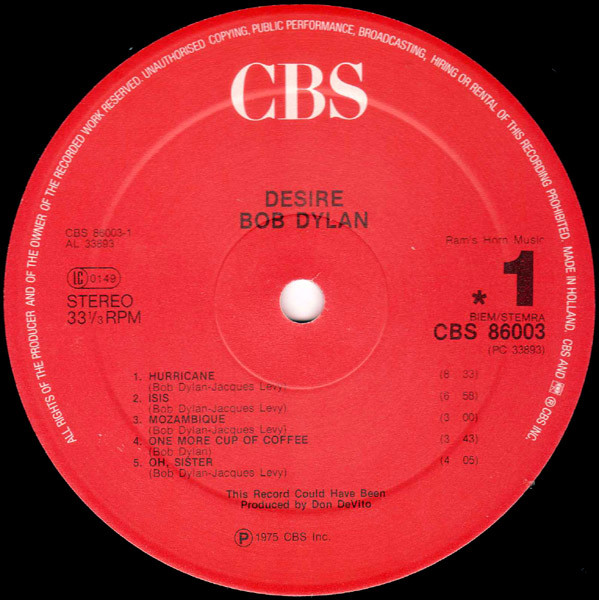 Bob Dylan - Desire (LP, Album, RE, Red)