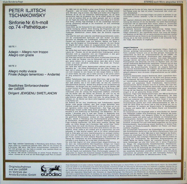 Peter Iljitsch Tschaikowsky*, Staatliches Sinfonieorchester Der UdSSR*, Jewgenij Swetlanow* - 6. Sinfonie, H-moll Op. 74 (Pathétique) (LP, Club, RE)