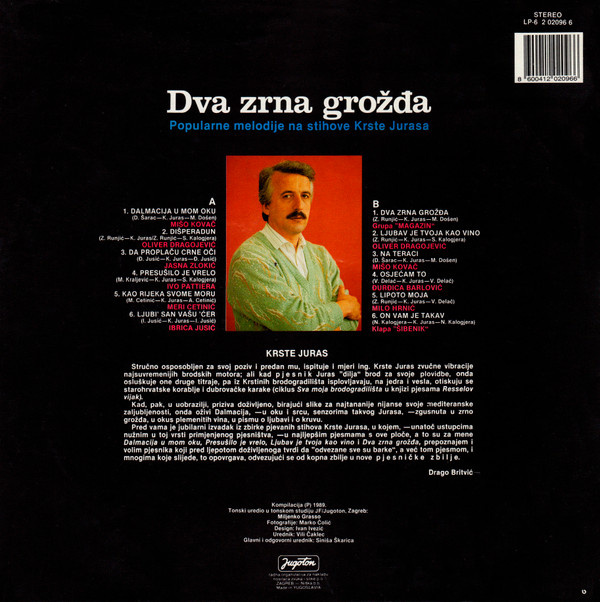 Various - Dva Zrna Grožđa - Popularne Melodije Na Stihove Krste Jurasa (LP, Comp)