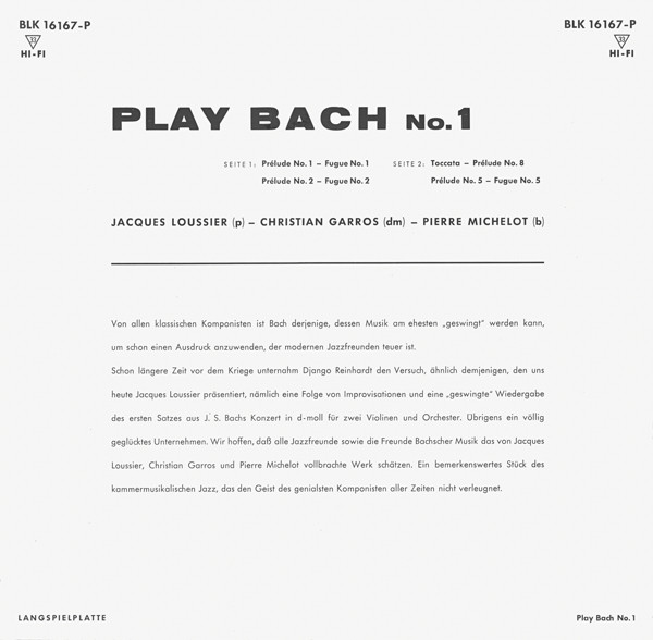 Jacques Loussier - Christian Garros - Pierre Michelot - Play Bach No.1 (LP, Album, Mono)