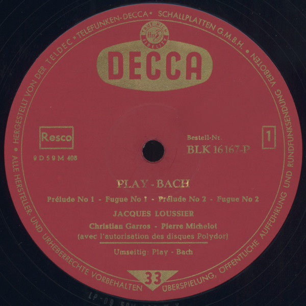 Jacques Loussier - Christian Garros - Pierre Michelot - Play Bach No.1 (LP, Album, Mono)