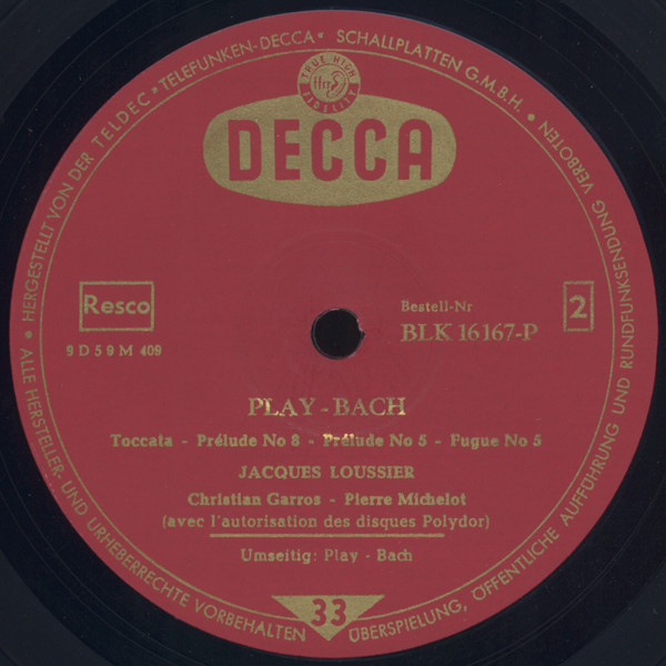 Jacques Loussier - Christian Garros - Pierre Michelot - Play Bach No.1 (LP, Album, Mono)